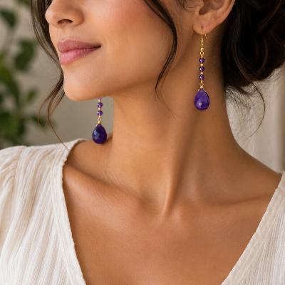 Amethyst Teardrop Dangle Earrings – Purple Gemstone Beaded Drop Earrings with Gold Hooks