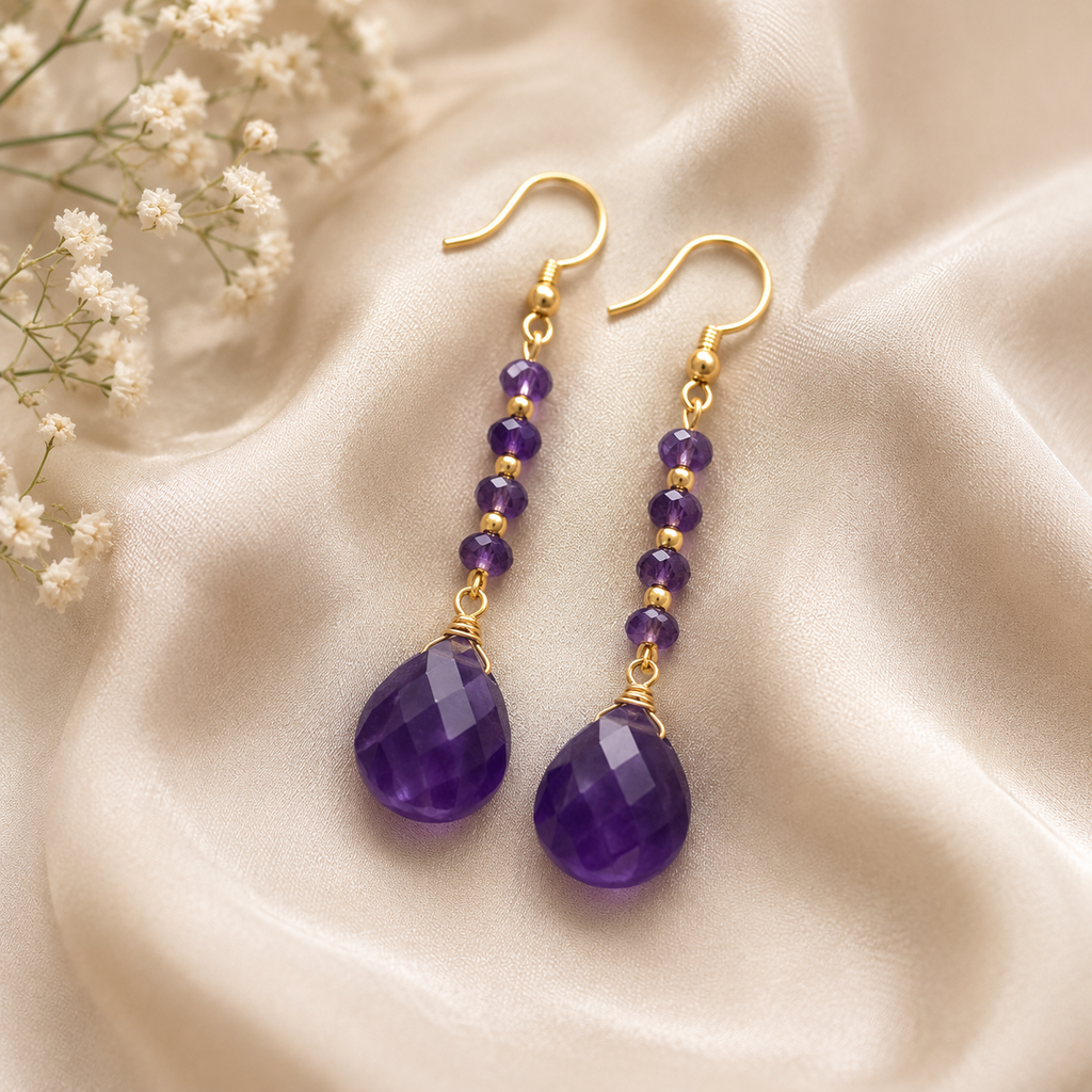 Amethyst Teardrop Dangle Earrings – Purple Gemstone Beaded Drop Earrings with Gold Hooks