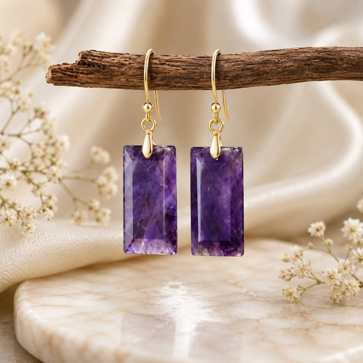 Amethyst Rectangle Dangle Earrings – Natural Purple Gemstone Drop Earrings with Gold Hooks