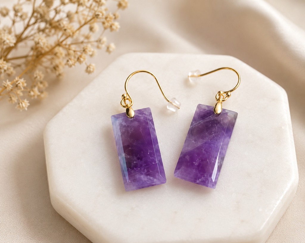 Amethyst Rectangle Dangle Earrings – Natural Purple Gemstone Drop Earrings with Gold Hooks