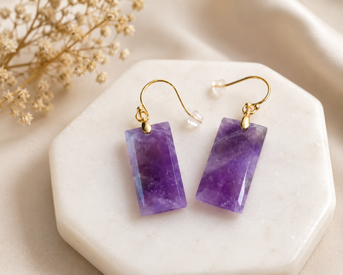 Amethyst Rectangle Dangle Earrings – Natural Purple Gemstone Drop Earrings with Gold Hooks