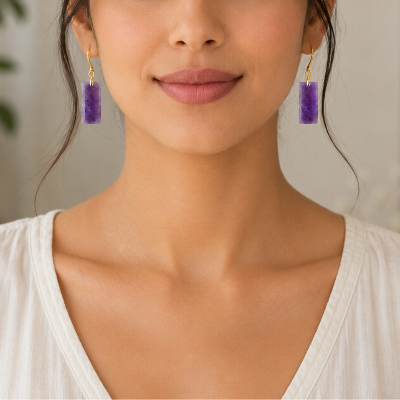 Amethyst Rectangle Dangle Earrings – Natural Purple Gemstone Drop Earrings with Gold Hooks