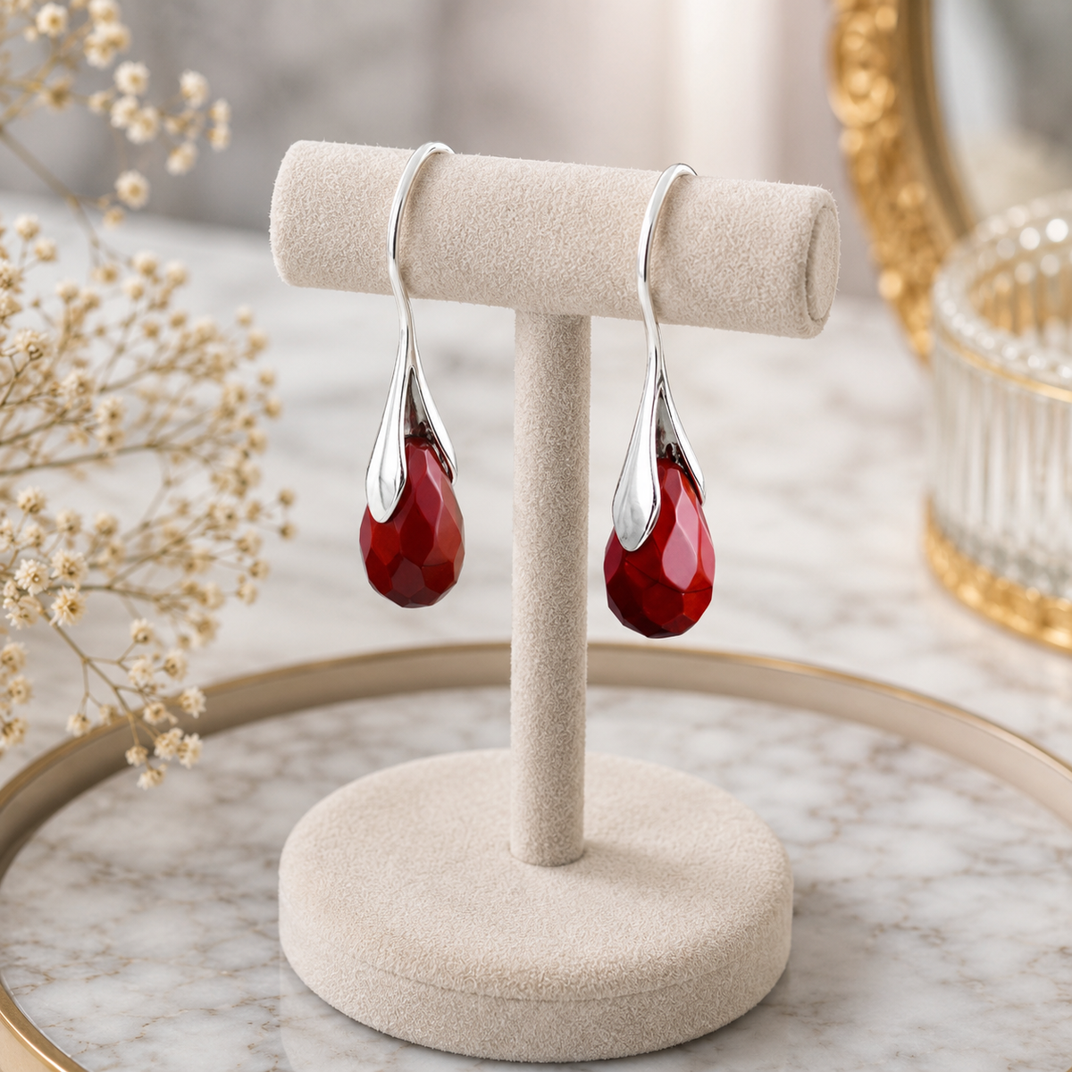 Red Jasper Faceted Teardrop Earrings – Elegant Silver-Tone Gemstone Dangle Earrings for Women
