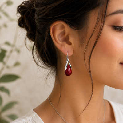 Red Jasper Faceted Teardrop Earrings – Elegant Silver-Tone Gemstone Dangle Earrings for Women
