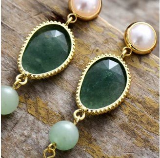Green Aventurine & Pearl Dangle Earrings – Natural Gemstone Beaded Drop Earrings in Gold Tone