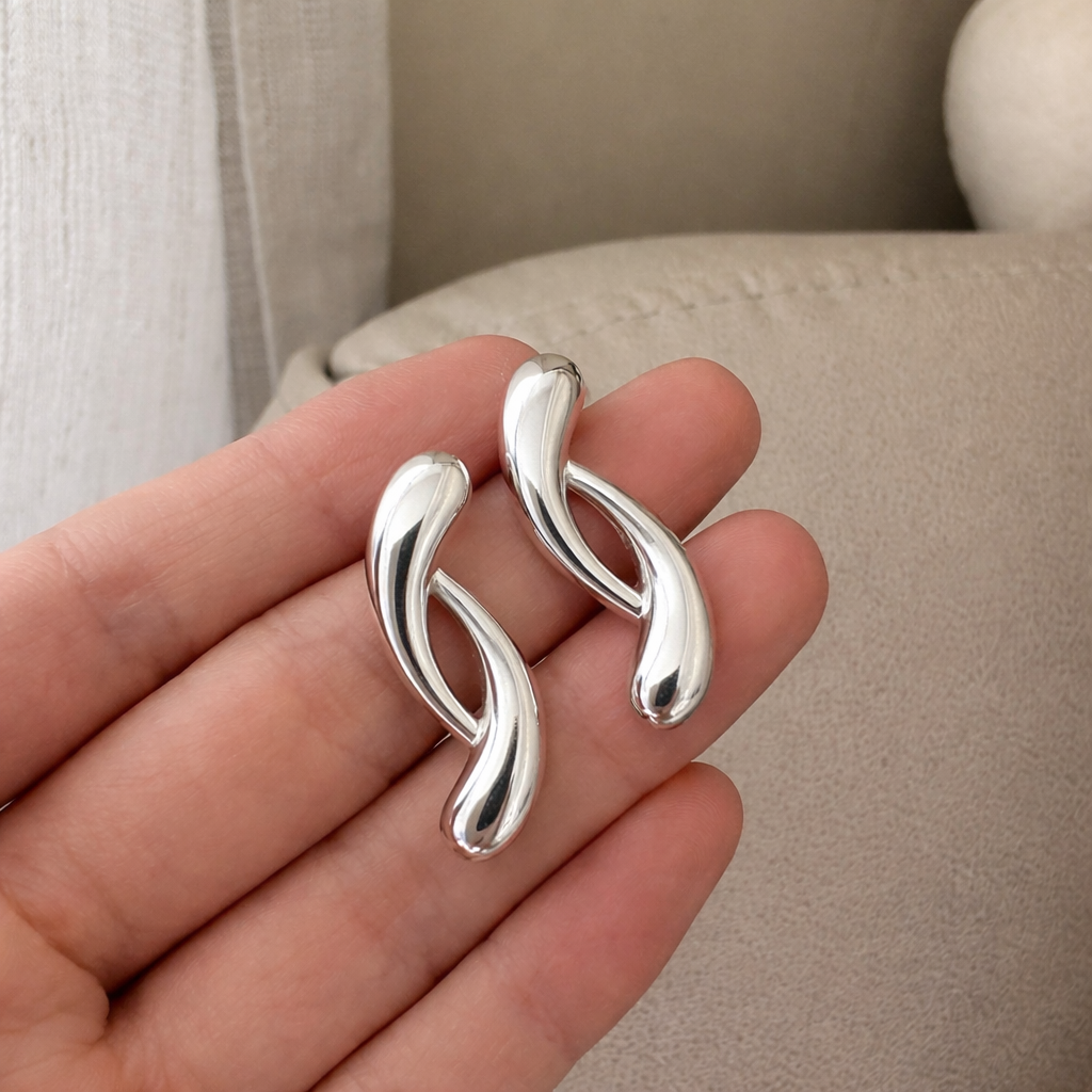 Modern Sterling Silver Twist Stud Earrings | Minimalist Curved Sculptural Earrings