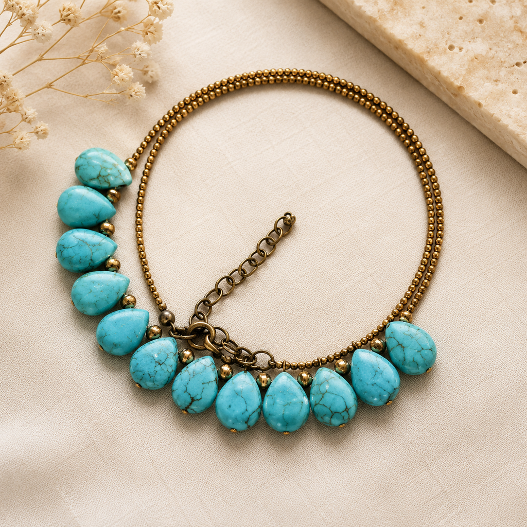 Turquoise Teardrop Statement Necklace – Natural Stone Beaded Bib Necklace for Women