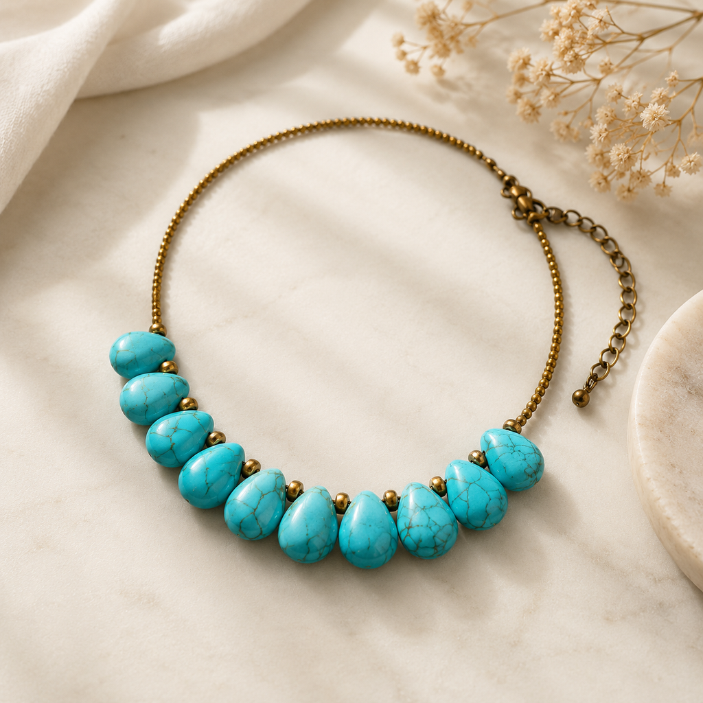 Turquoise Teardrop Statement Necklace – Natural Stone Beaded Bib Necklace for Women