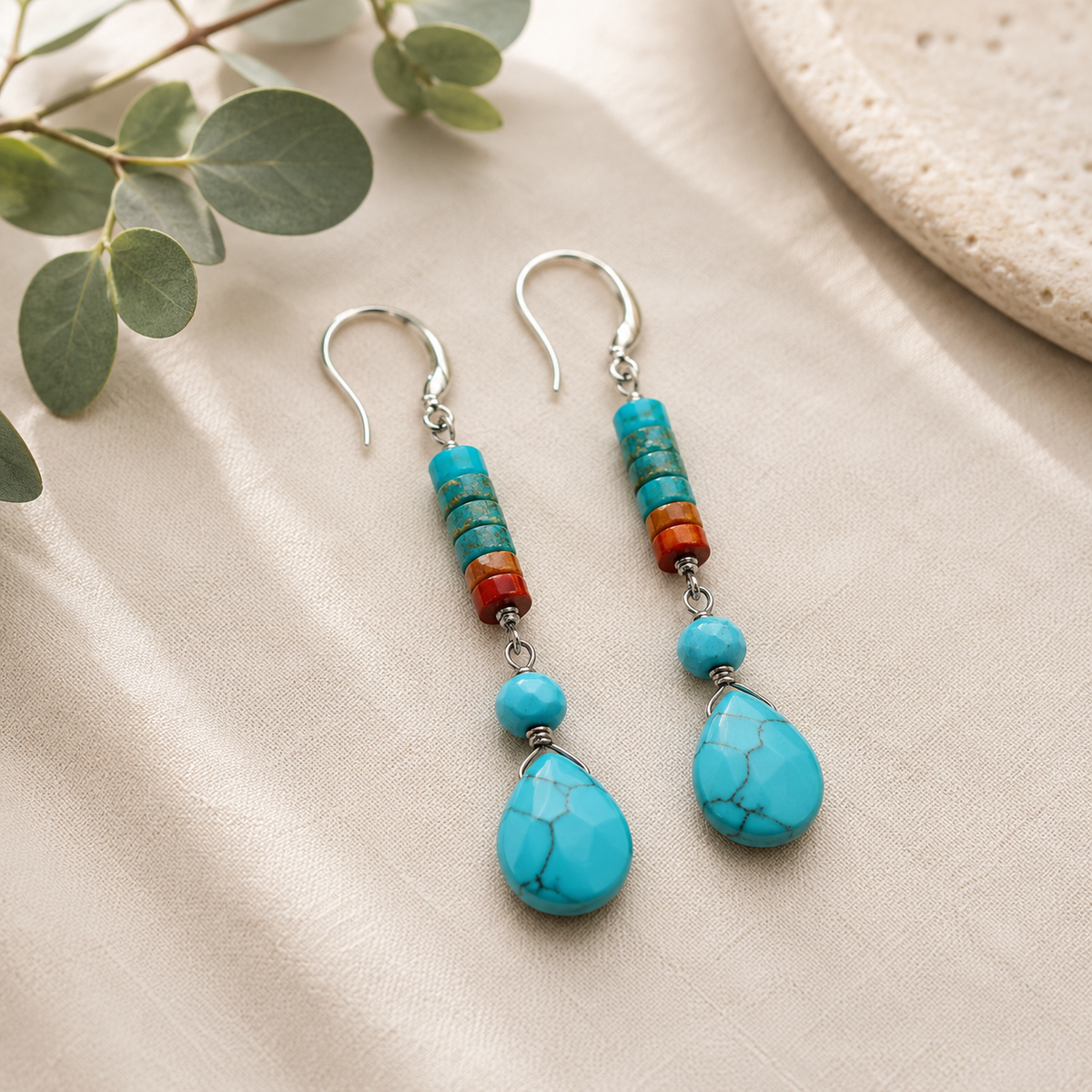 Turquoise Teardrop Dangle Earrings – Boho Beaded Gemstone Drop Earrings with Silver Toned Hooks