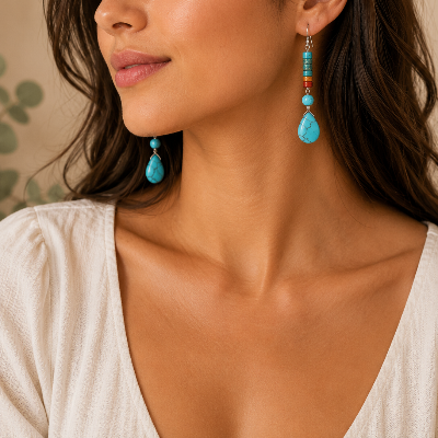 Turquoise Teardrop Dangle Earrings – Boho Beaded Gemstone Drop Earrings with Silver Toned Hooks
