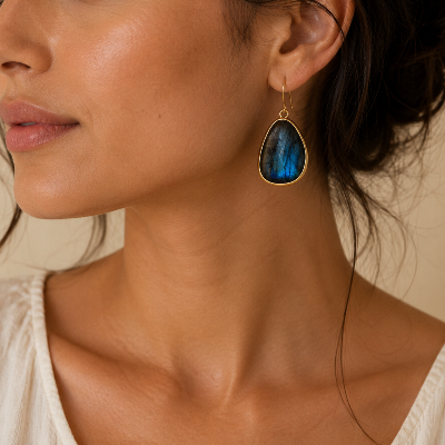 Labradorite Teardrop Earrings – Gold-Framed Blue Flash Gemstone Dangle Earrings for Women