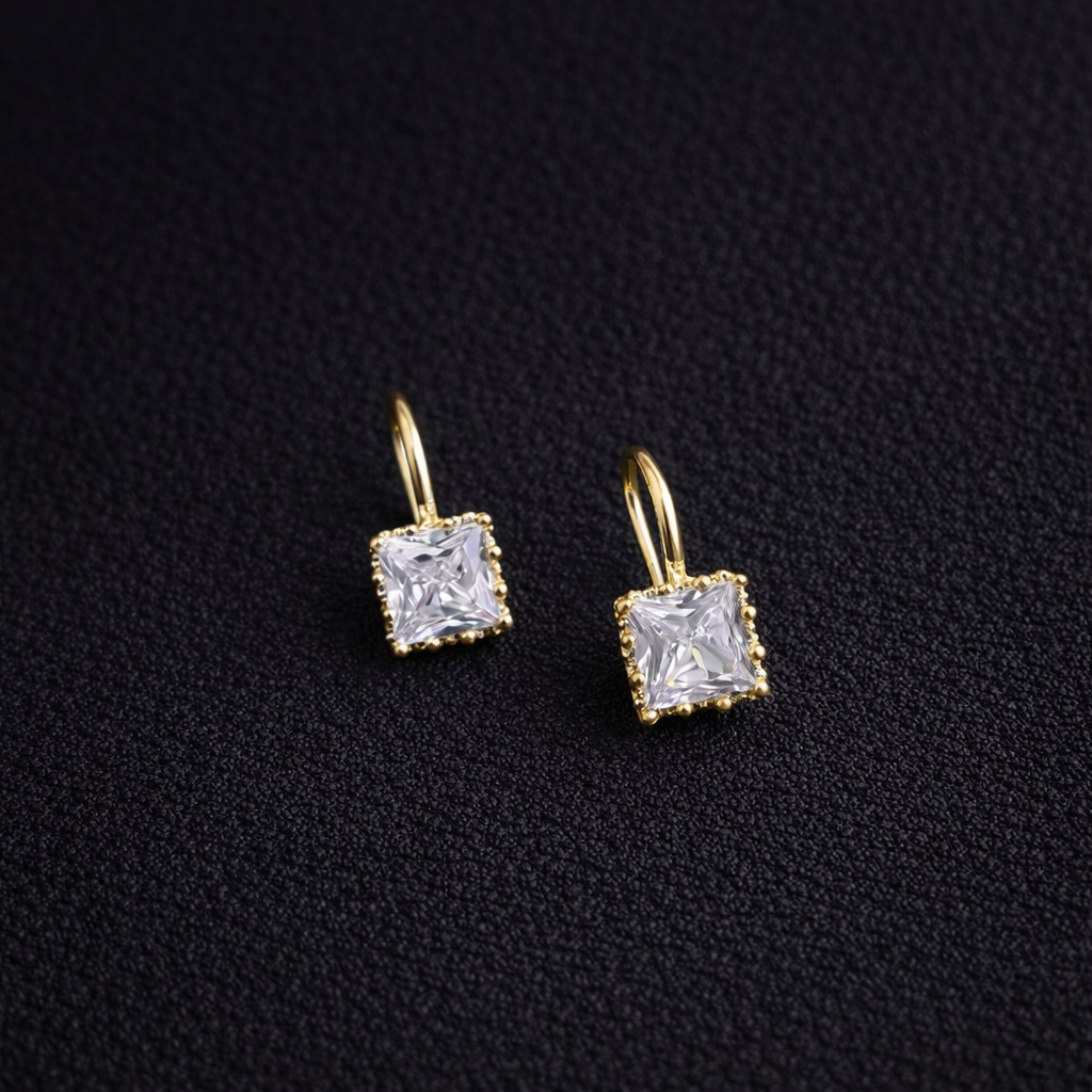 Square Cubic Zirconia Drop Earrings – Gold-Plated Minimalist Crystal Dangle Earrings for Women