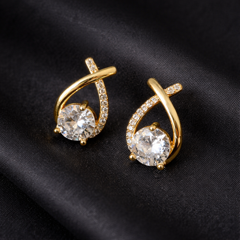 Elegant Gold-Toned Crystal Swirl Stud Earrings – Sparkling Zircon Fashion Jewelry for Women