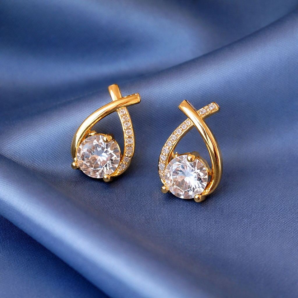 Elegant Gold-Toned Crystal Swirl Stud Earrings – Sparkling Zircon Fashion Jewelry for Women