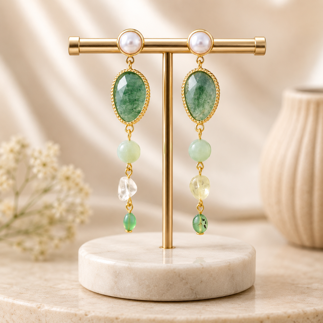Green Aventurine & Pearl Dangle Earrings – Natural Gemstone Beaded Drop Earrings in Gold Tone