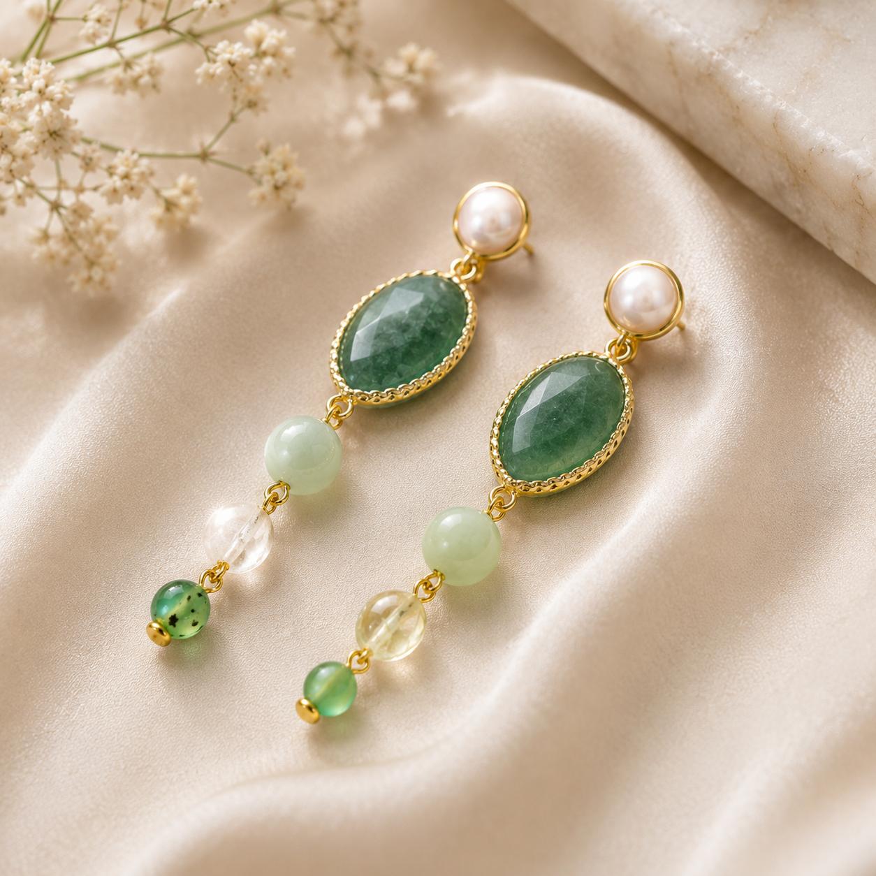 Green Aventurine & Pearl Dangle Earrings – Natural Gemstone Beaded Drop Earrings in Gold Tone