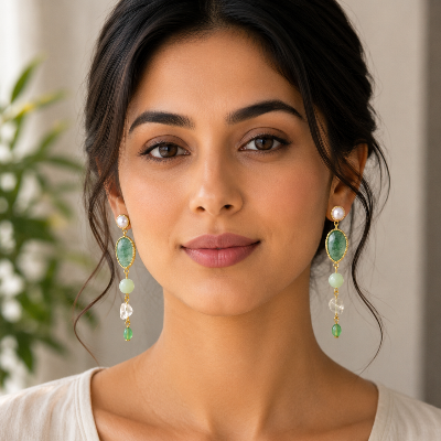 Green Aventurine & Pearl Dangle Earrings – Natural Gemstone Beaded Drop Earrings in Gold Tone