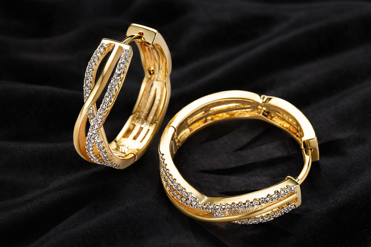 Gold-Plated Crystal Hoop Earrings – Elegant Geometric Huggie Hoops for Women