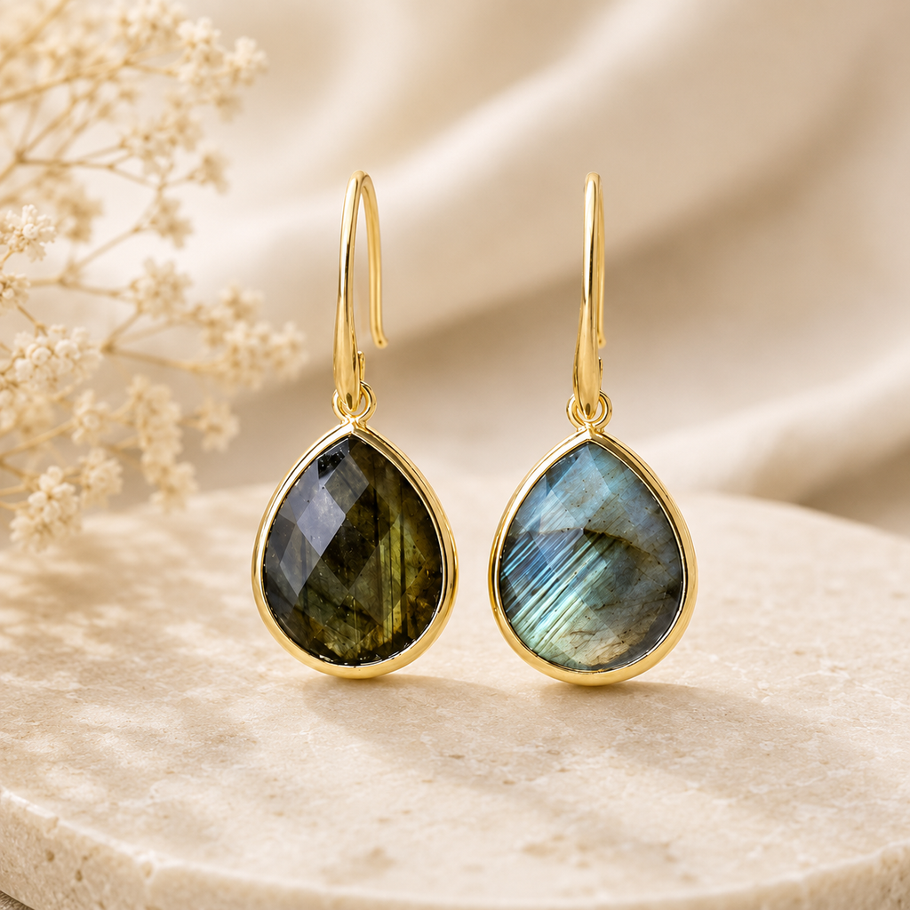 Faceted Labradorite Teardrop Earrings – Gold-Framed Blue Flash Gemstone Dangle Earrings for Women