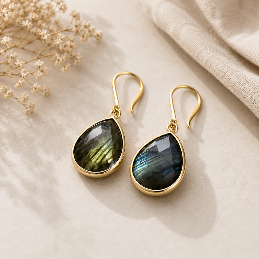 Faceted Labradorite Teardrop Earrings – Gold-Framed Blue Flash Gemstone Dangle Earrings for Women