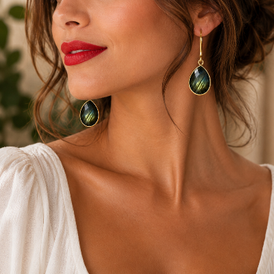 Faceted Labradorite Teardrop Earrings – Gold-Framed Blue Flash Gemstone Dangle Earrings for Women