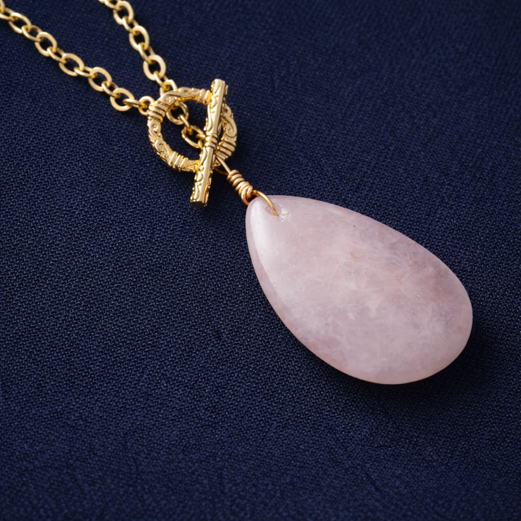 Natural Rose Quartz Teardrop Pendant Necklace – Pink Gemstone Gold Toggle Necklace for Women