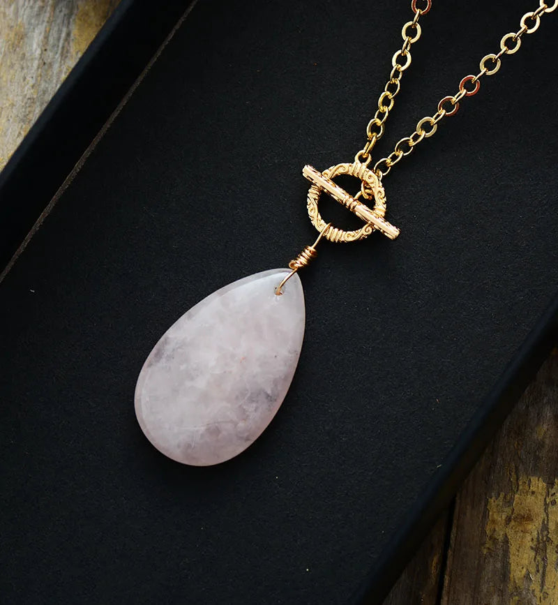 Natural Rose Quartz Teardrop Pendant Necklace – Pink Gemstone Gold Toggle Necklace for Women