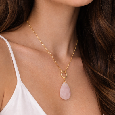 Natural Rose Quartz Teardrop Pendant Necklace – Pink Gemstone Gold Toggle Necklace for Women
