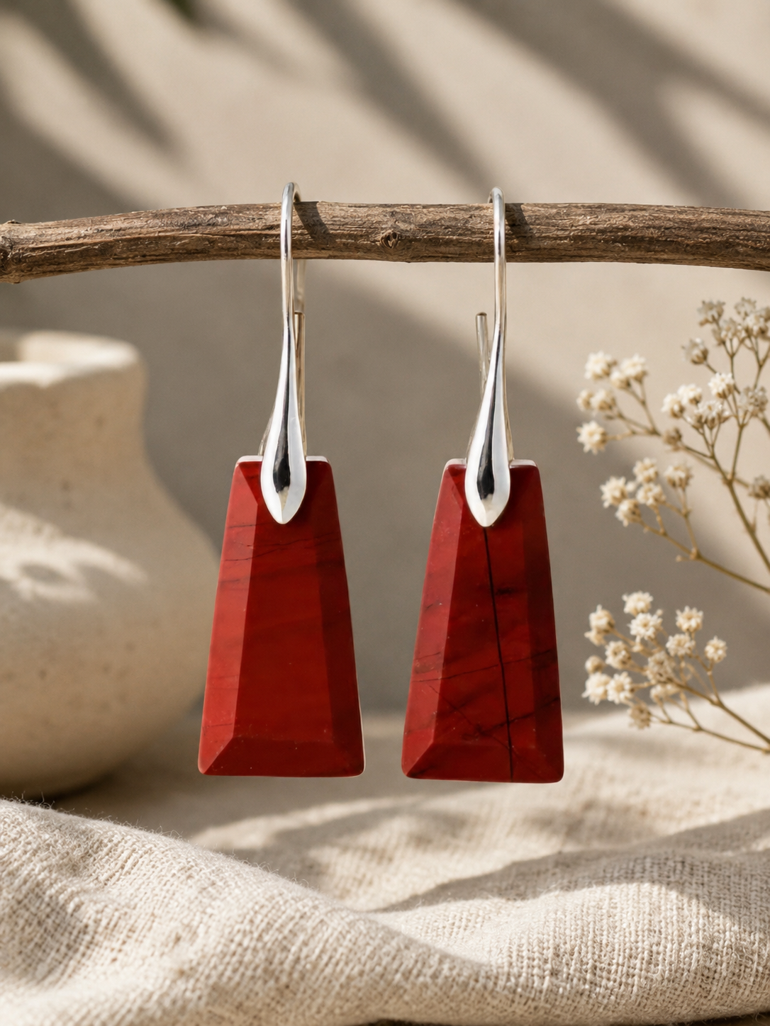 Red Jasper Geometric Dangle Earrings – Natural Gemstone Drop Earrings with Silver Toned Hooks