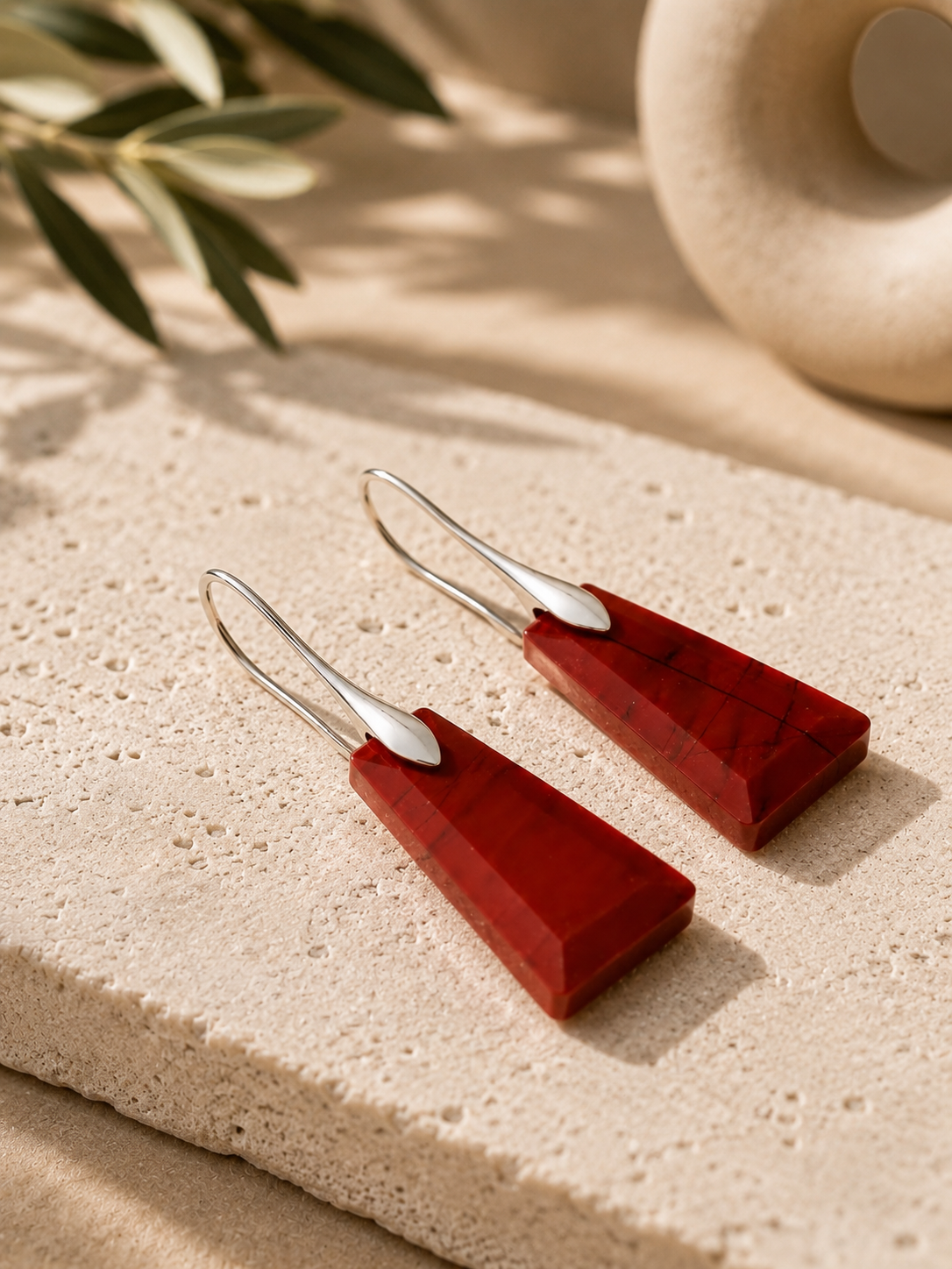 Red Jasper Geometric Dangle Earrings – Natural Gemstone Drop Earrings with Silver Toned Hooks