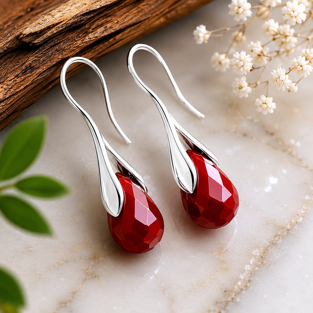 Red Jasper Faceted Teardrop Earrings – Elegant Silver-Tone Gemstone Dangle Earrings for Women