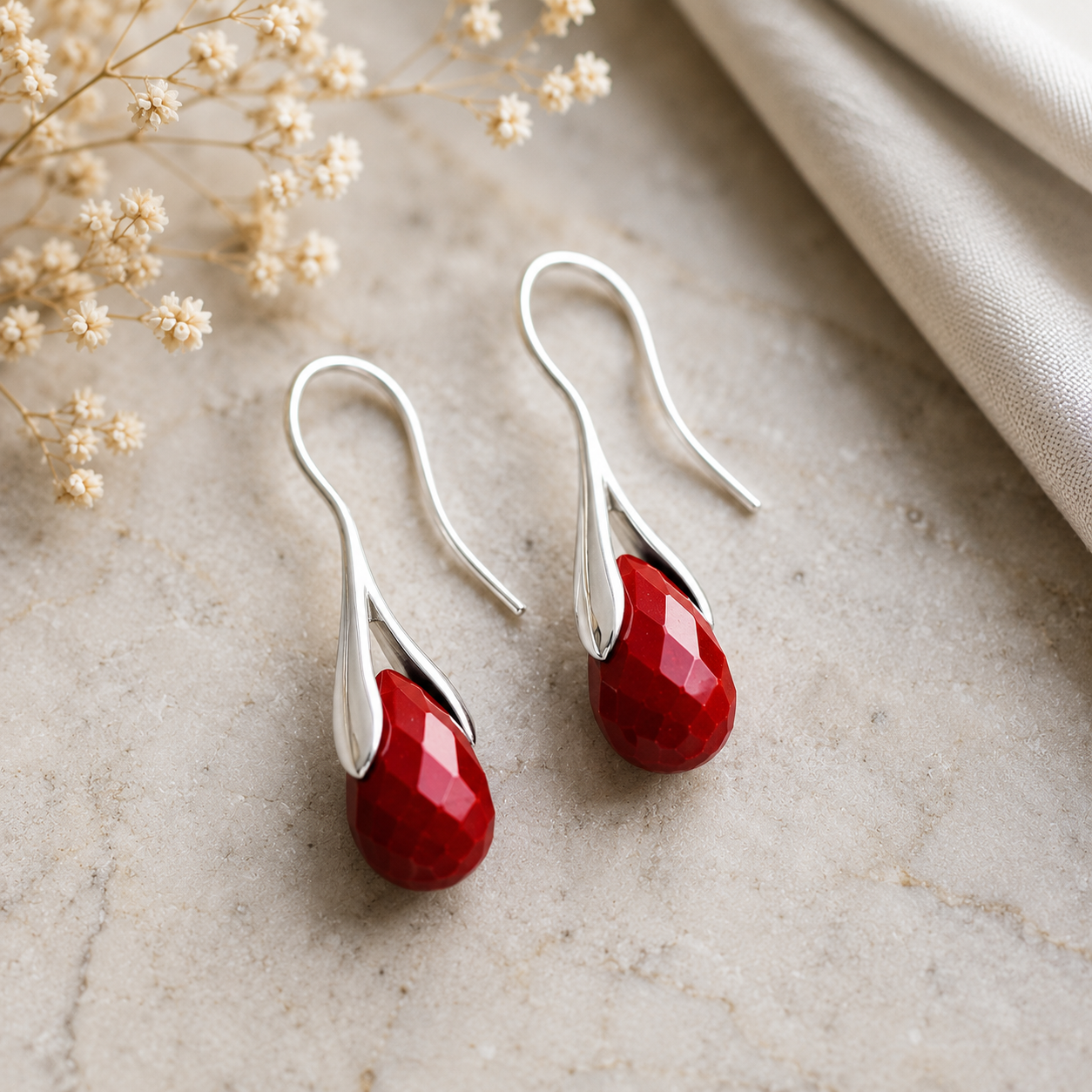 Red Jasper Faceted Teardrop Earrings – Elegant Silver-Tone Gemstone Dangle Earrings for Women