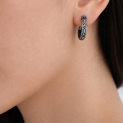 Vintage Sterling Silver Hoop Earrings – Engraved Floral Huggie Hoops for Women | 925 Silver