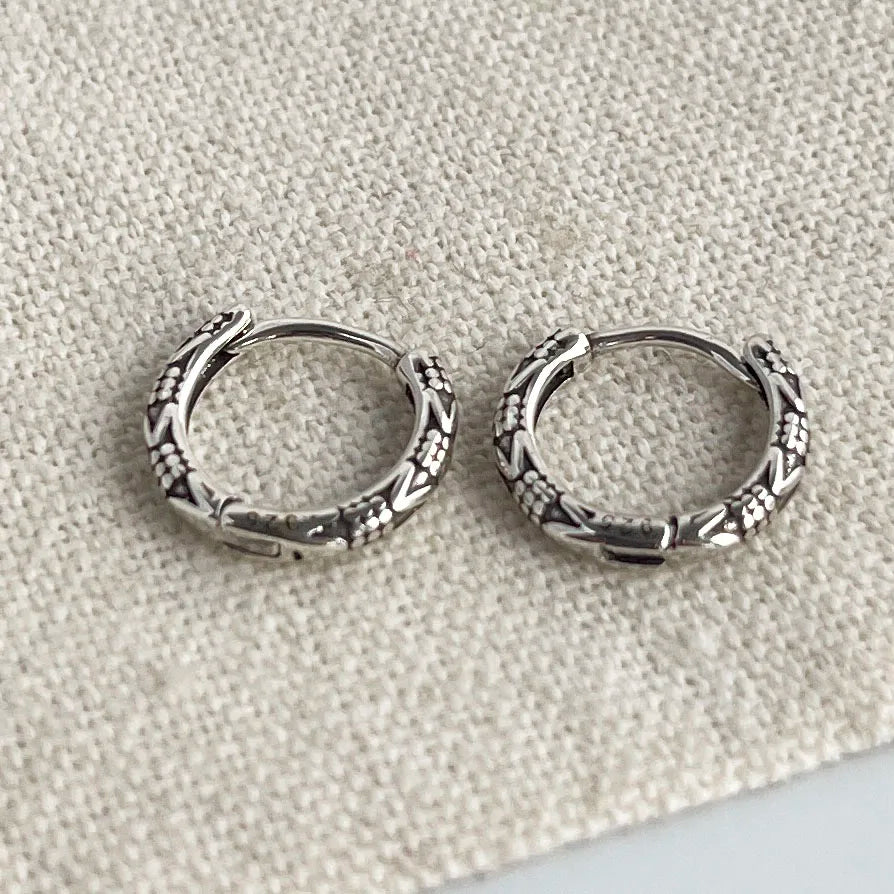 Vintage Sterling Silver Hoop Earrings – Engraved Floral Huggie Hoops for Women | 925 Silver