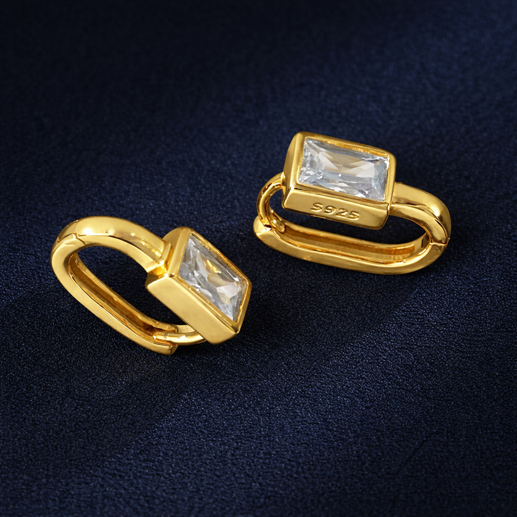 Gold-Plated Sterling Silver Baguette Zircon Huggie Earrings