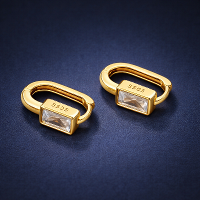 Gold-Plated Sterling Silver Baguette Zircon Huggie Earrings