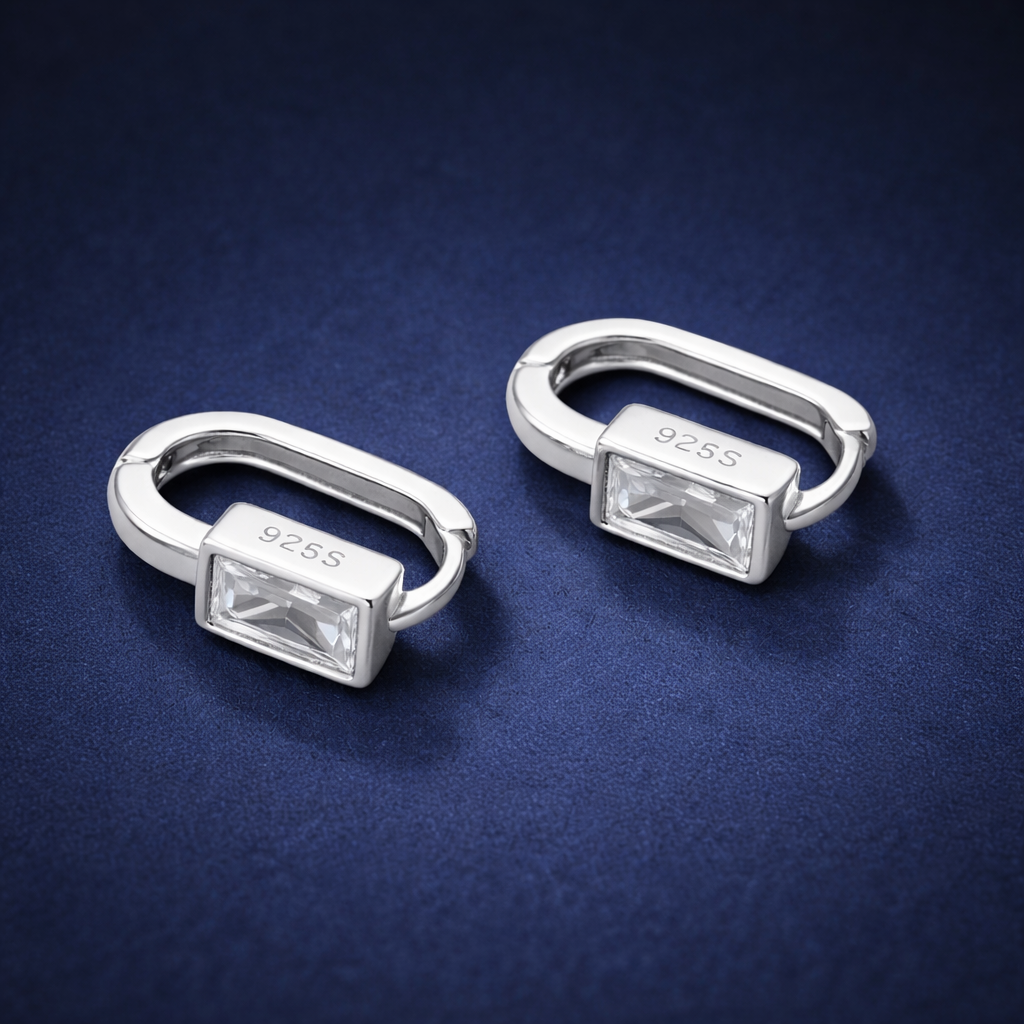 Sterling Silver Baguette Zircon Huggie Earrings