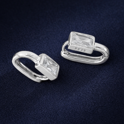Sterling Silver Baguette Zircon Huggie Earrings