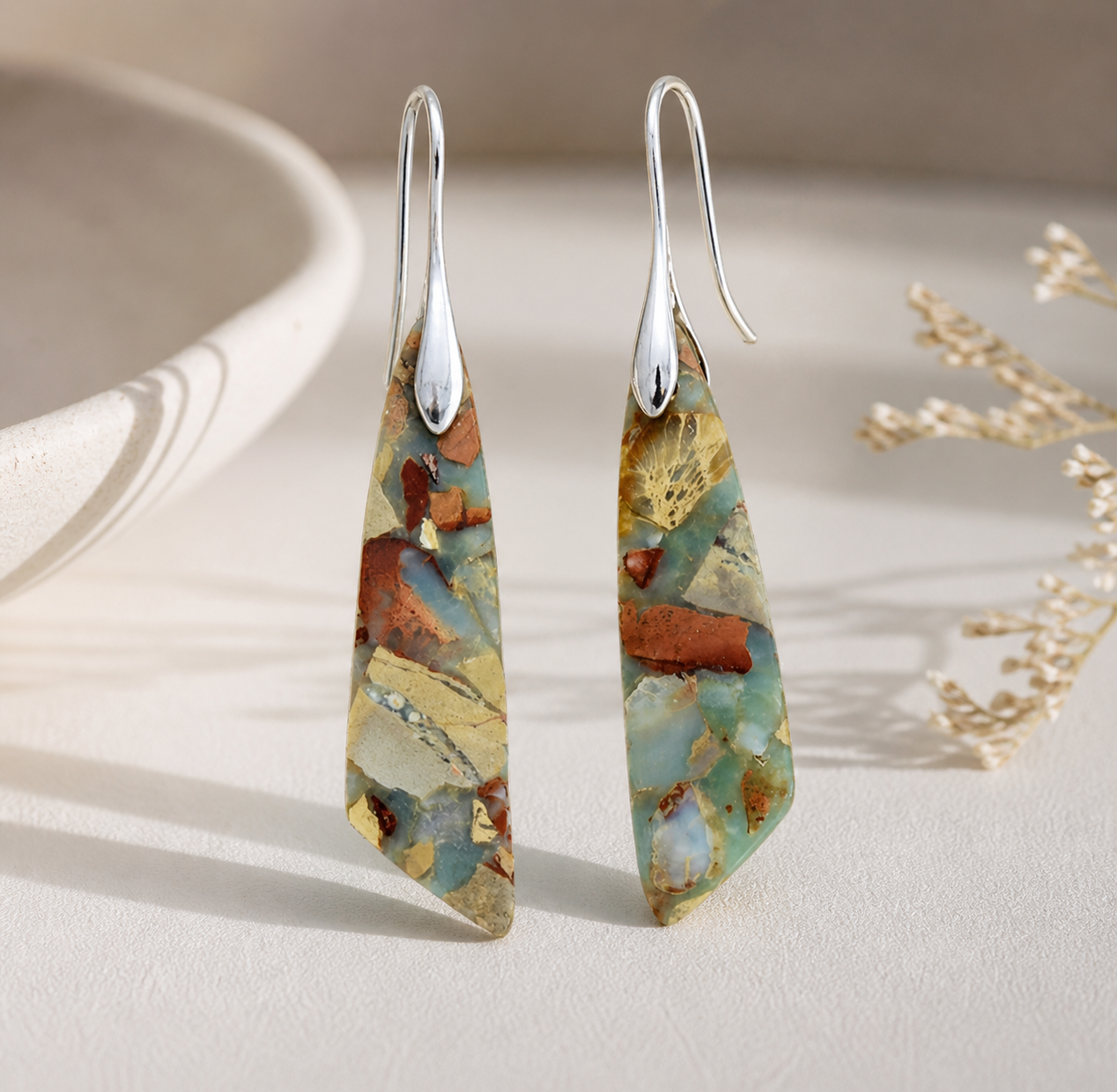 Natural Impression Jasper Dangle Earrings – Geometric Gemstone Drop Earrings with Silver Toned Hooks