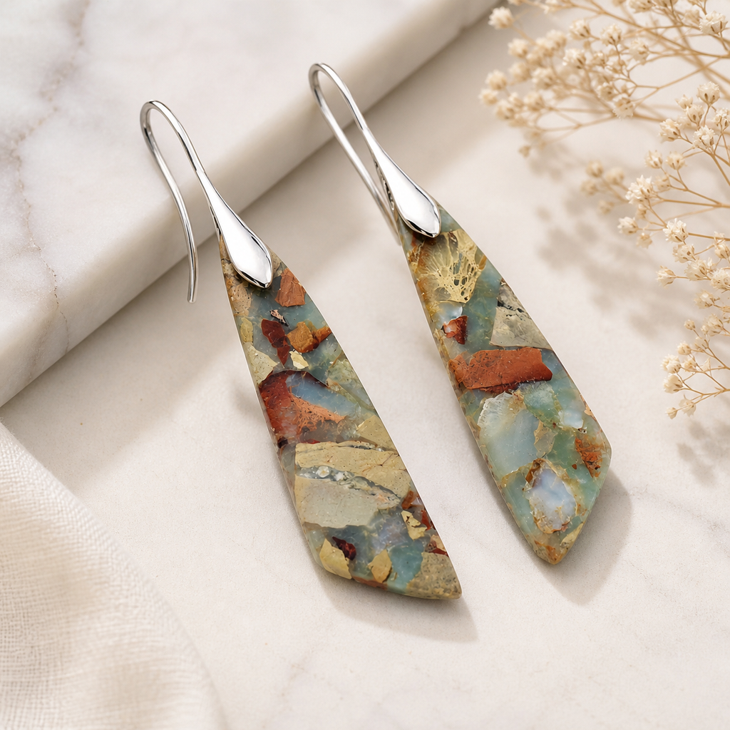 Natural Impression Jasper Dangle Earrings – Geometric Gemstone Drop Earrings with Silver Toned Hooks
