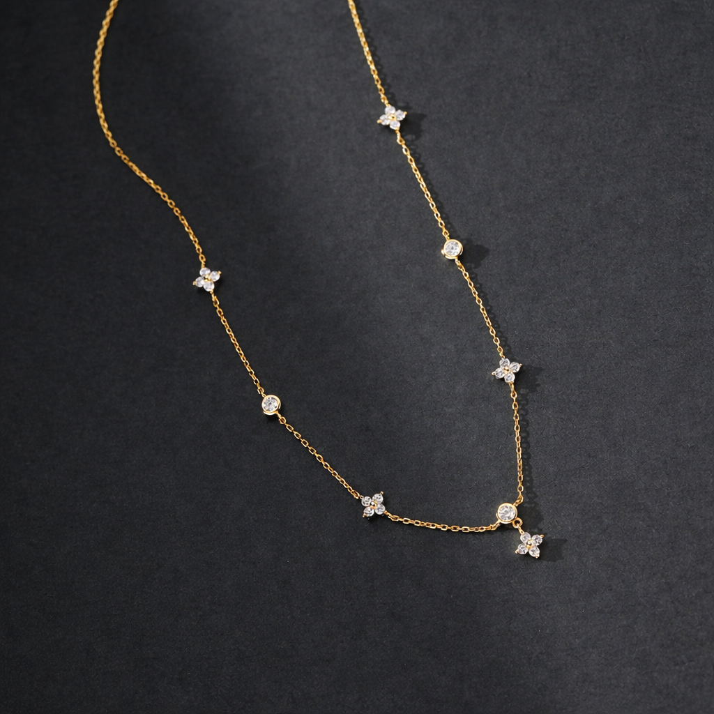 Delicate Gold-Plated Zircon Station Necklace – Dainty Crystal Pendant Necklace for Women