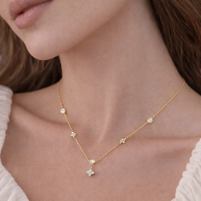 Delicate Gold-Plated Zircon Station Necklace – Dainty Crystal Pendant Necklace for Women