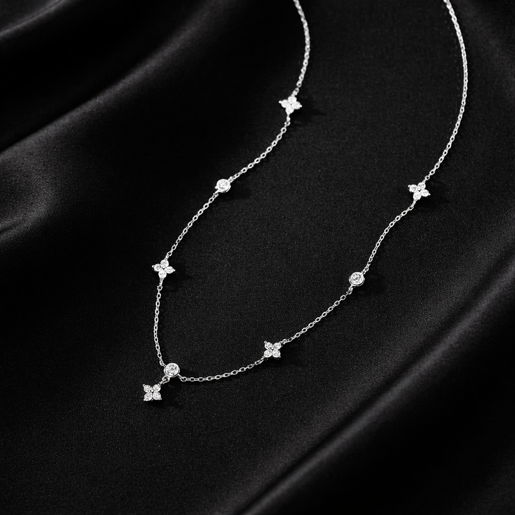 Delicate Silver Zircon Station Necklace – Elegant Crystal Clover Chain Necklace for Women